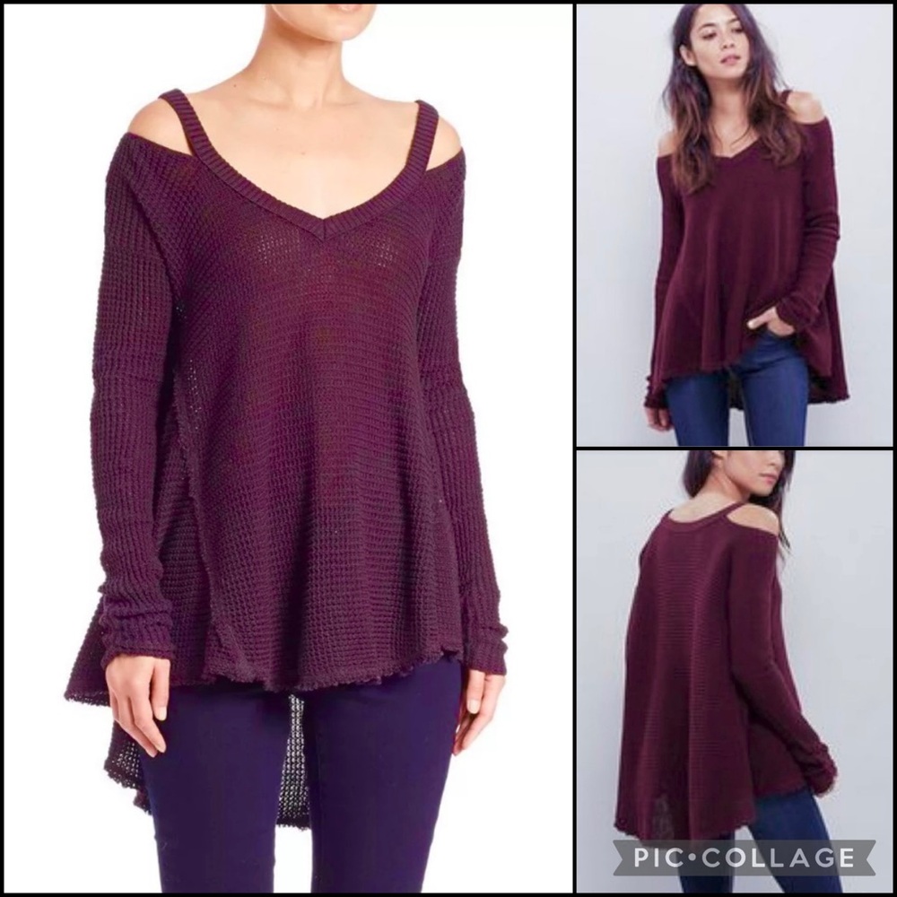Free Peoplee Eggplant Cold Shoulder Waffle Knit Thermal Top
